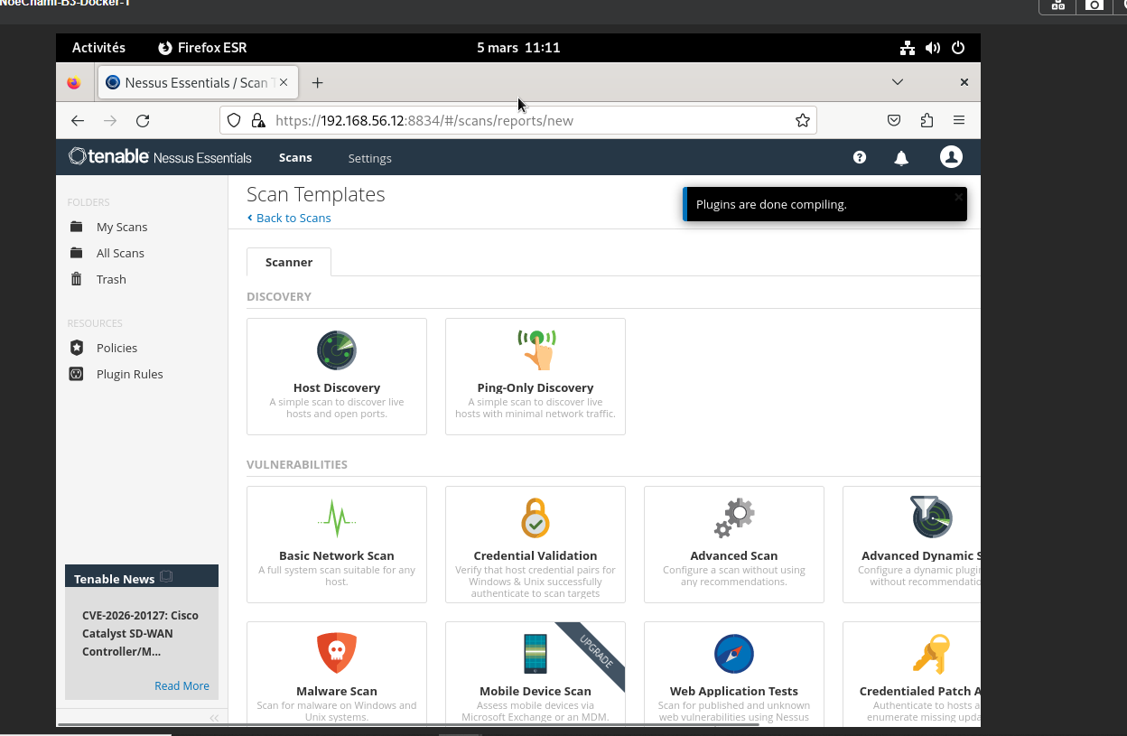 Interface principale de Nessus Essentials utilisée dans le laboratoire.