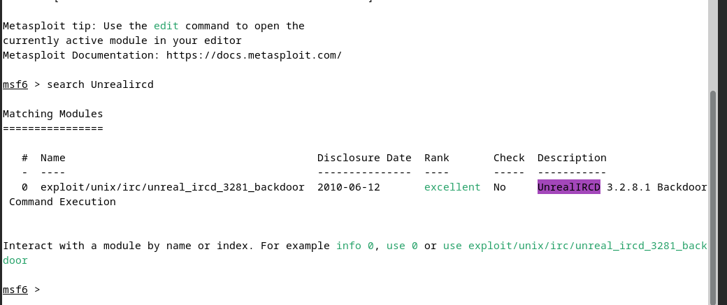 Recherche du module UnrealIRCd dans Metasploit.