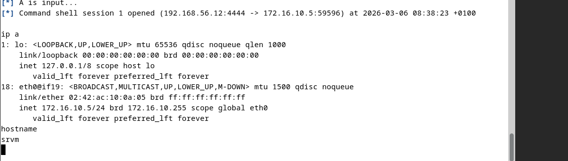 Capture montrant l’obtention d’un shell distant sur la cible de laboratoire.