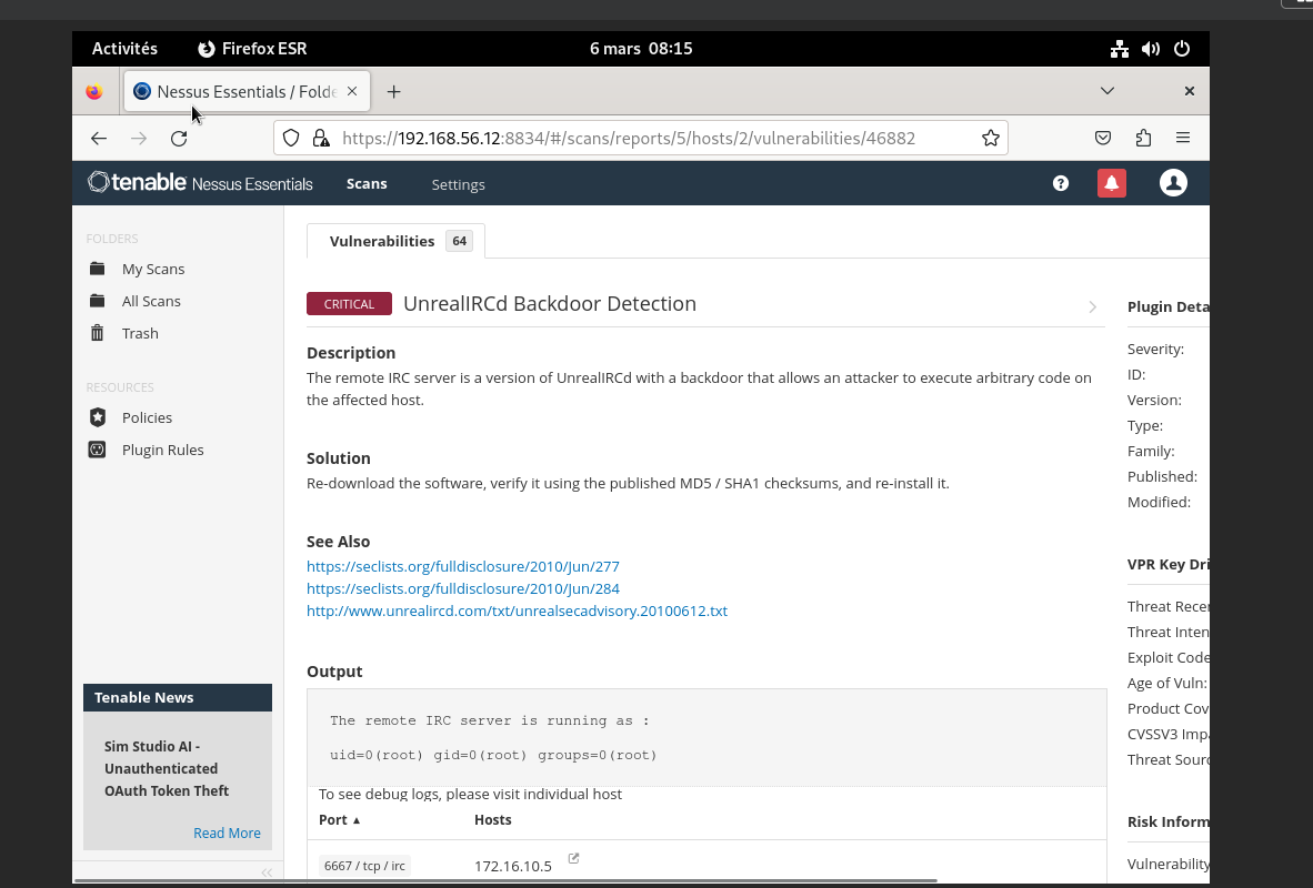 Capture Nessus présentant le détail et la remédiation de la faille UnrealIRCd.