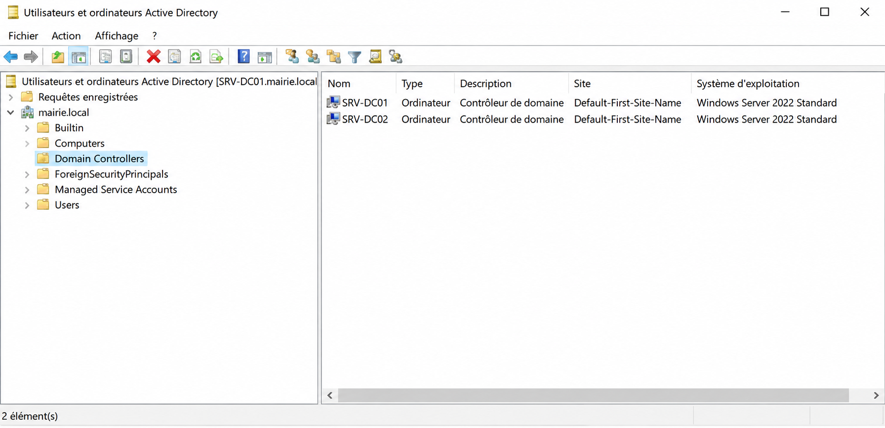 Console ADUC — OU Domain Controllers avec SRV-DC1 et SRV-DC2 listés