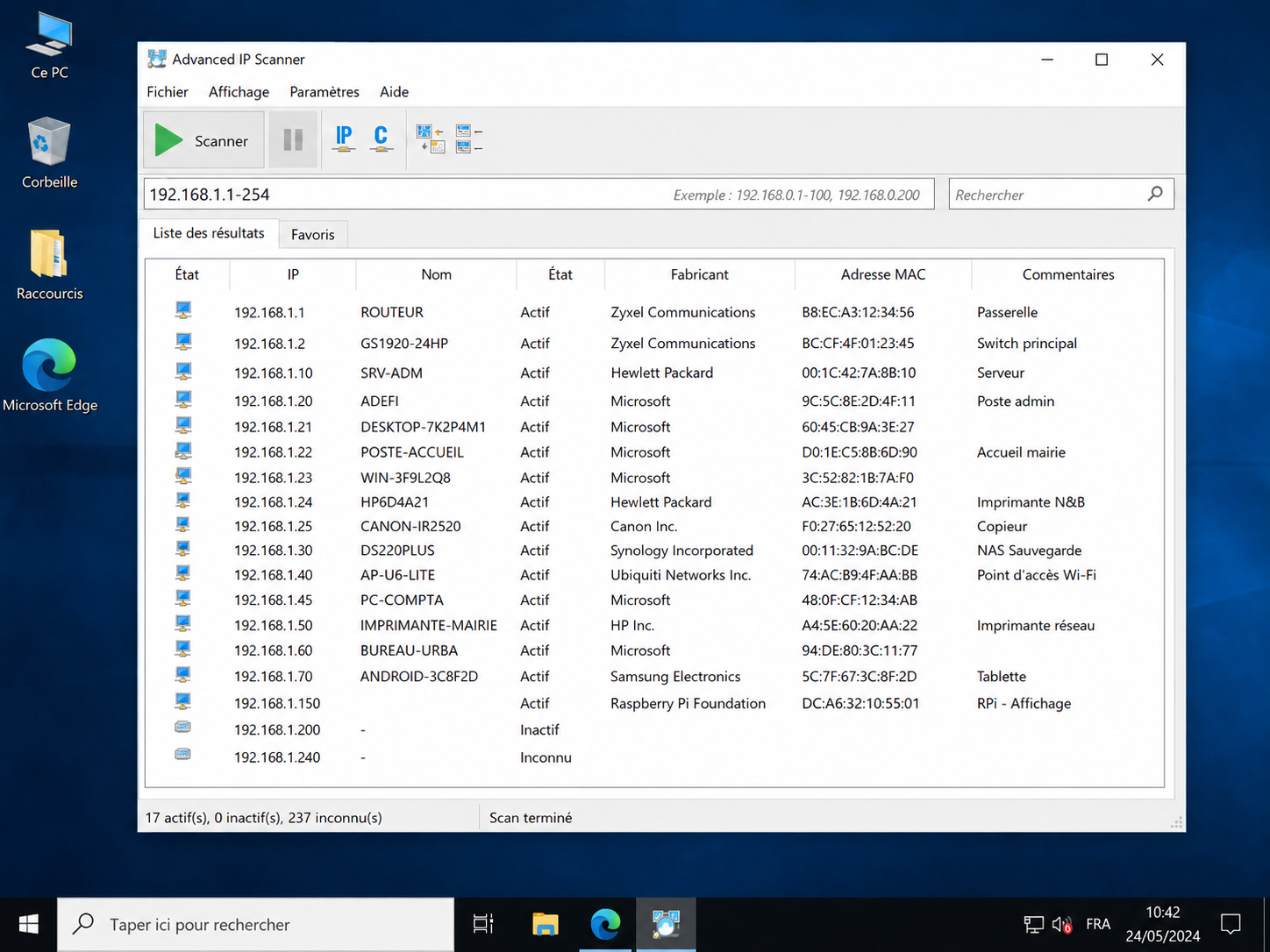 Advanced IP Scanner — liste des équipements réseau avec IP, noms et constructeurs