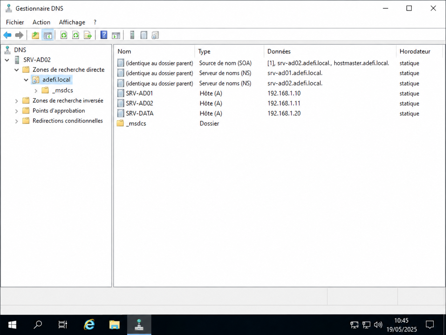 DNS Manager — zone adefi.local, enregistrements A SRV-AD01/AD02/DaTA