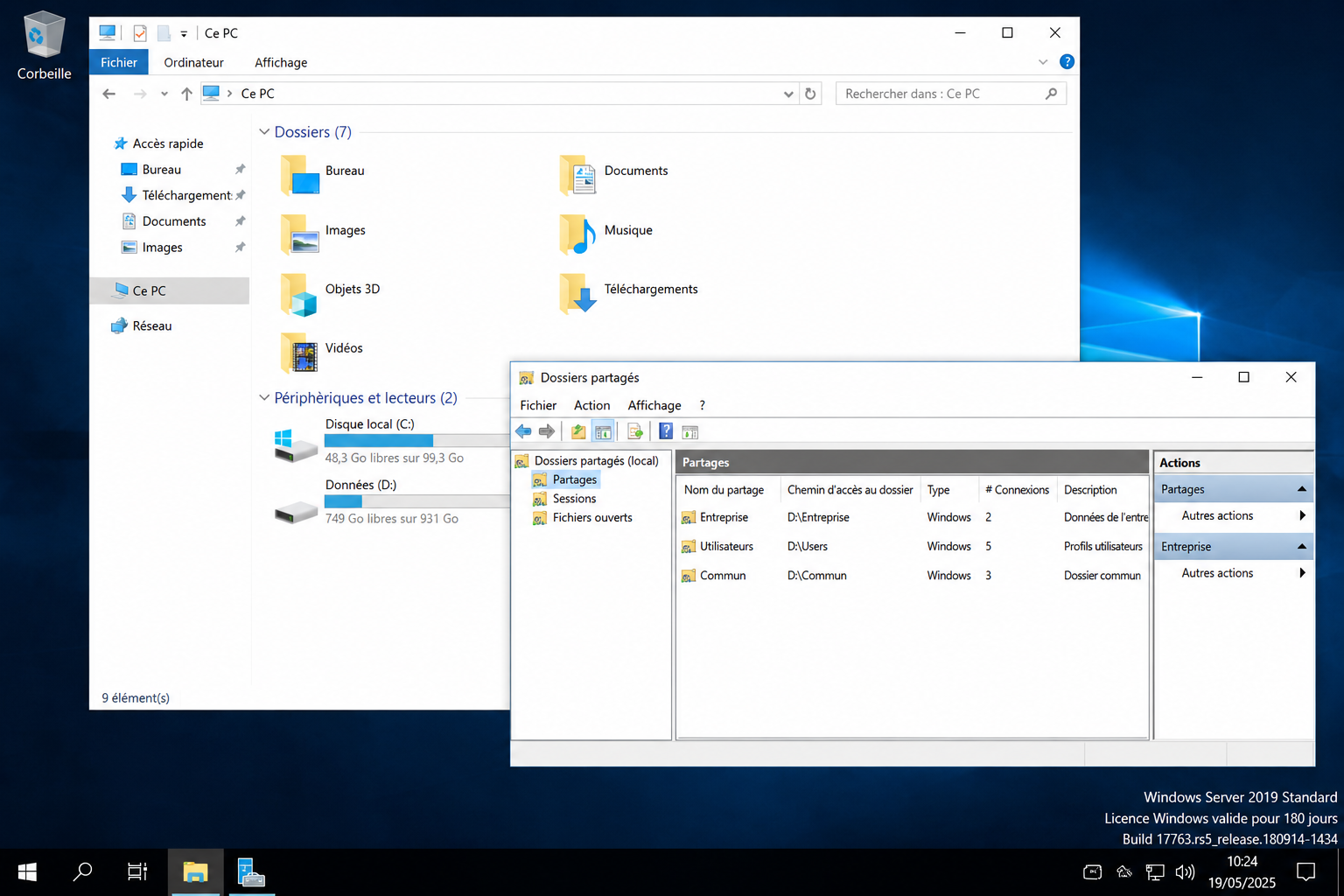 Windows Server Explorer — disque D: 161 Go, partages Entreprise/Utilisateurs/Commun