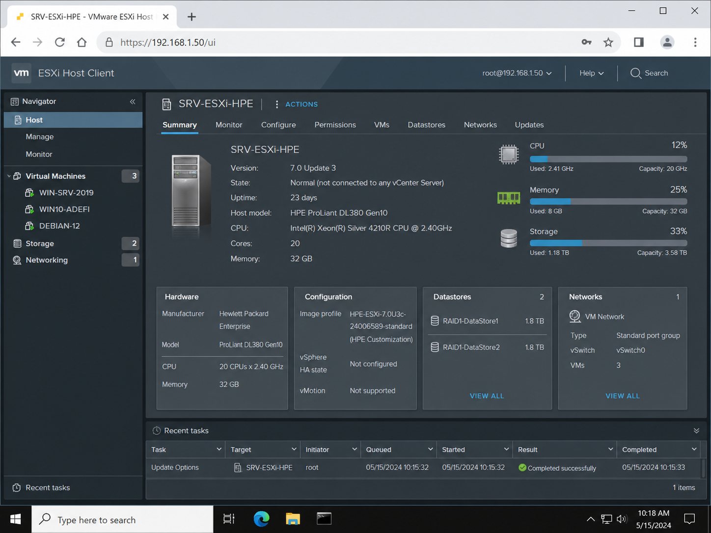 VMware ESXi Host Client SRV-ESXi-HPE — 3 VMs, datastores RAID 1