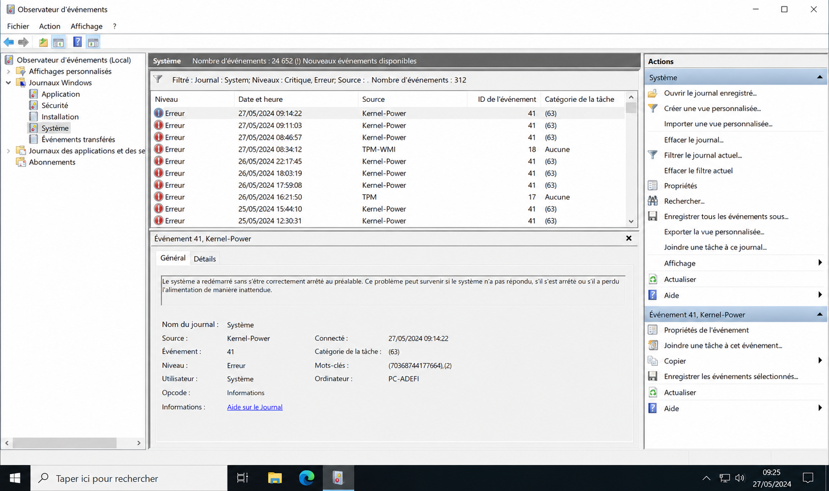 Observateur d'événements Windows — erreurs Kernel-Power ID 41 dans les journaux Système