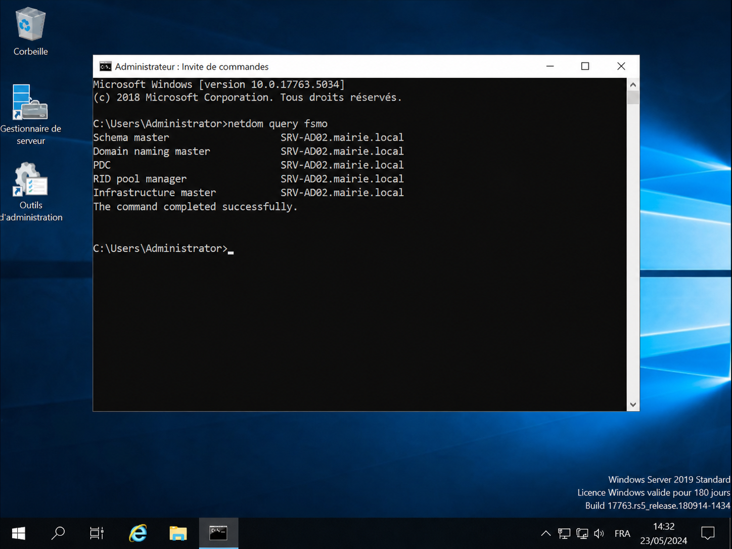 CMD Windows Server — netdom query fsmo, 5 rôles FSMO sur SRV-AD02