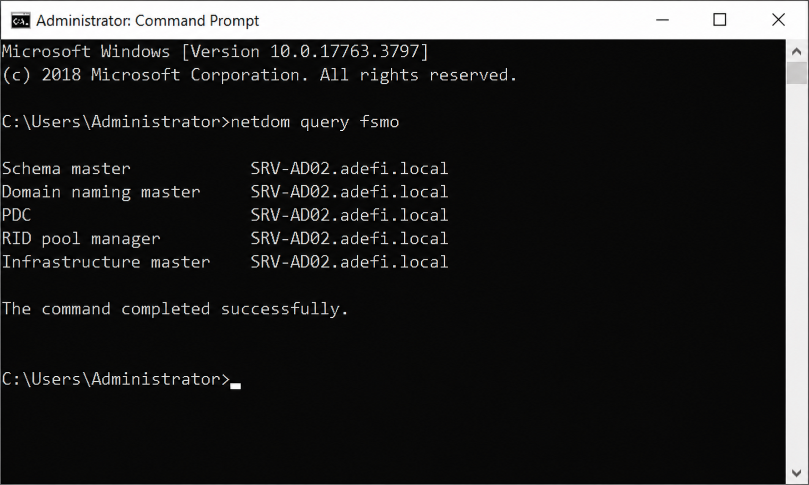netdom query fsmo — 5 rôles sur SRV-AD02.adefi.local, commande réussie