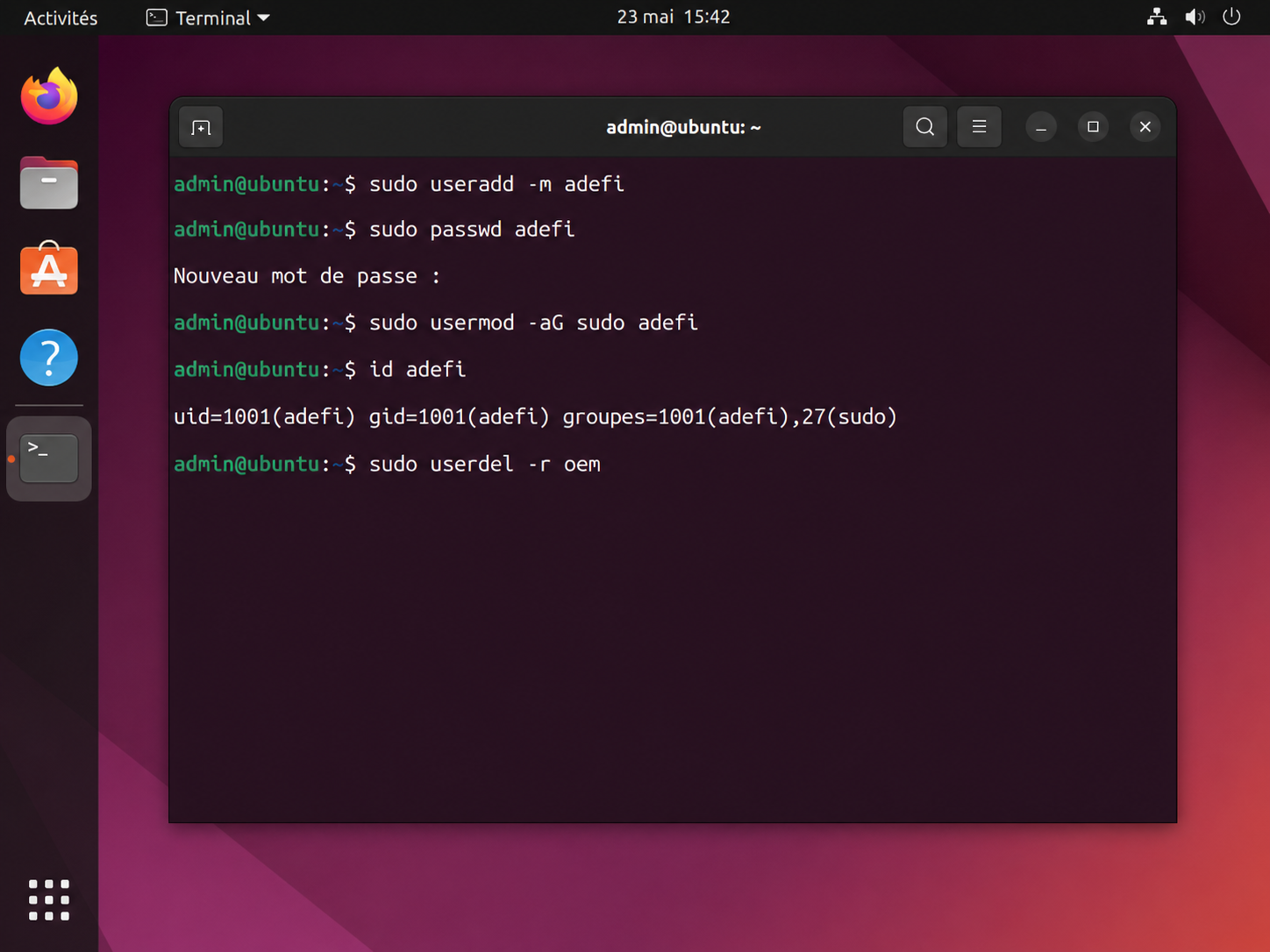Terminal Ubuntu — useradd adefi, usermod -aG sudo, id adefi groupes=27(sudo), userdel oem