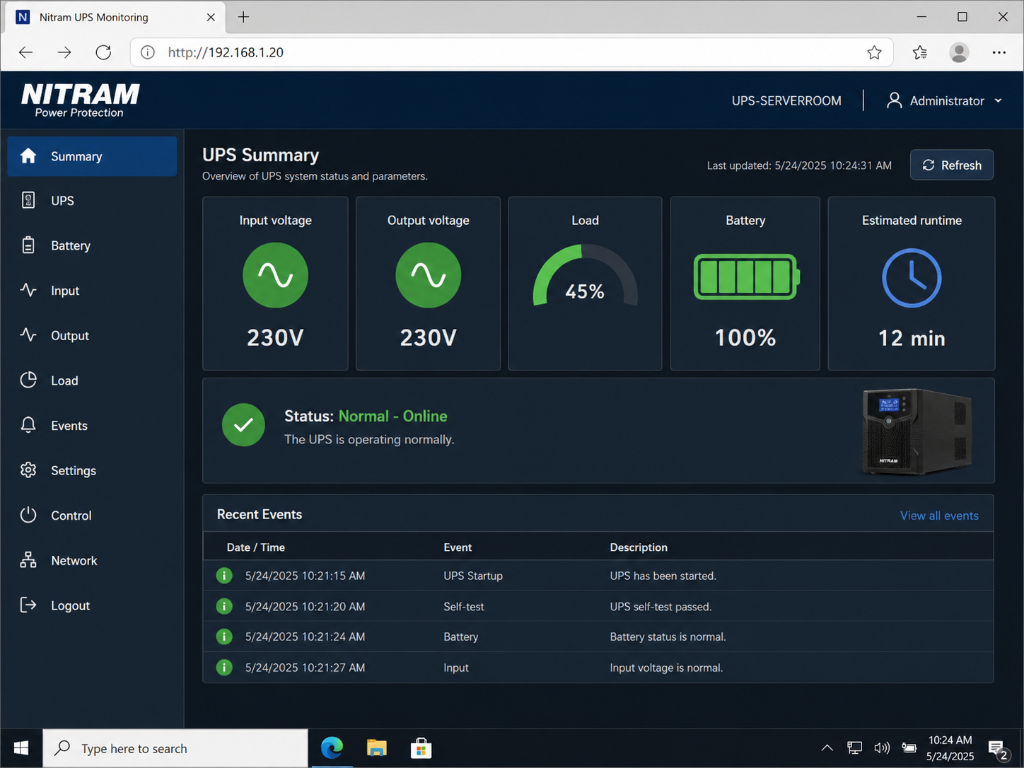Nitram UPS Monitoring — 230V, 45% charge, 100% batterie, 12min, Normal Online