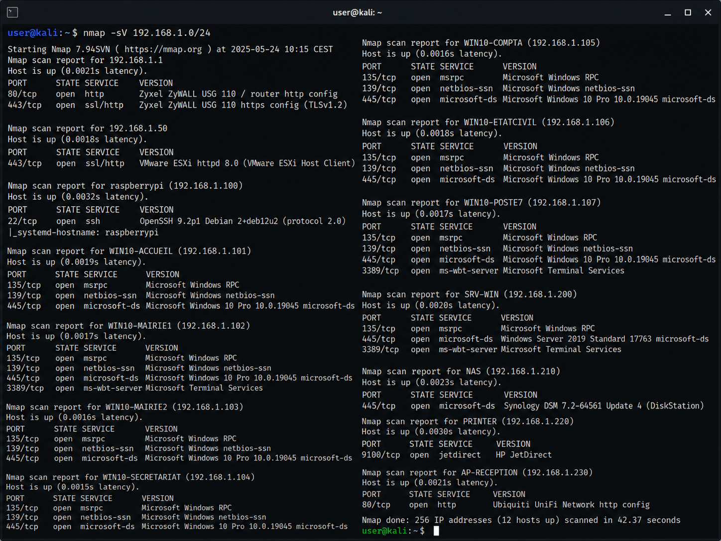 Kali nmap -sV 192.168.1.0/24 — 12 hôtes : Zyxel, ESXi, Raspberry Pi, Windows Server, NAS