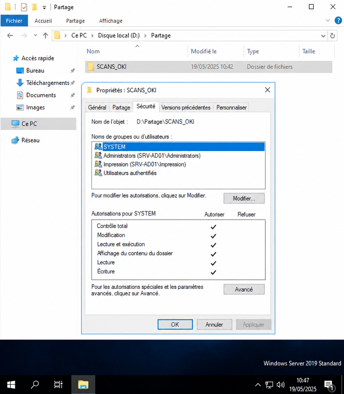 Propriétés NTFS SCANS_OKI — groupe Impression, droits Modifier et Écriture