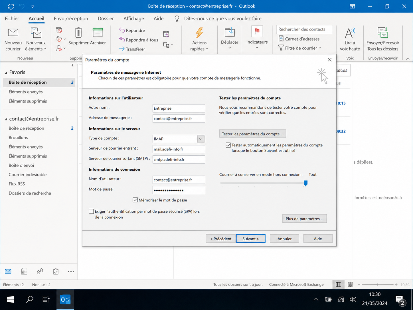 Outlook — Paramètres messagerie Internet IMAP, serveurs entrant/sortant configurés