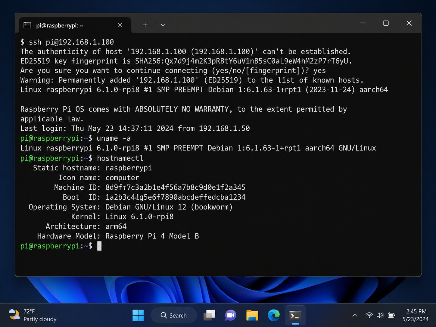 Terminal SSH pi@192.168.1.100 — Raspberry Pi OS bookworm, Pi 4 Model B