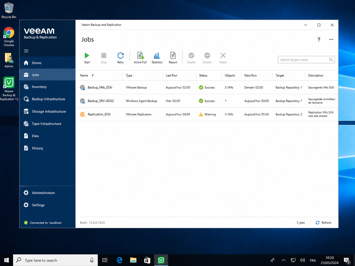 Veeam Backup & Replication — jobs Backup_VM, Backup_SRV-ADEFI, Replication