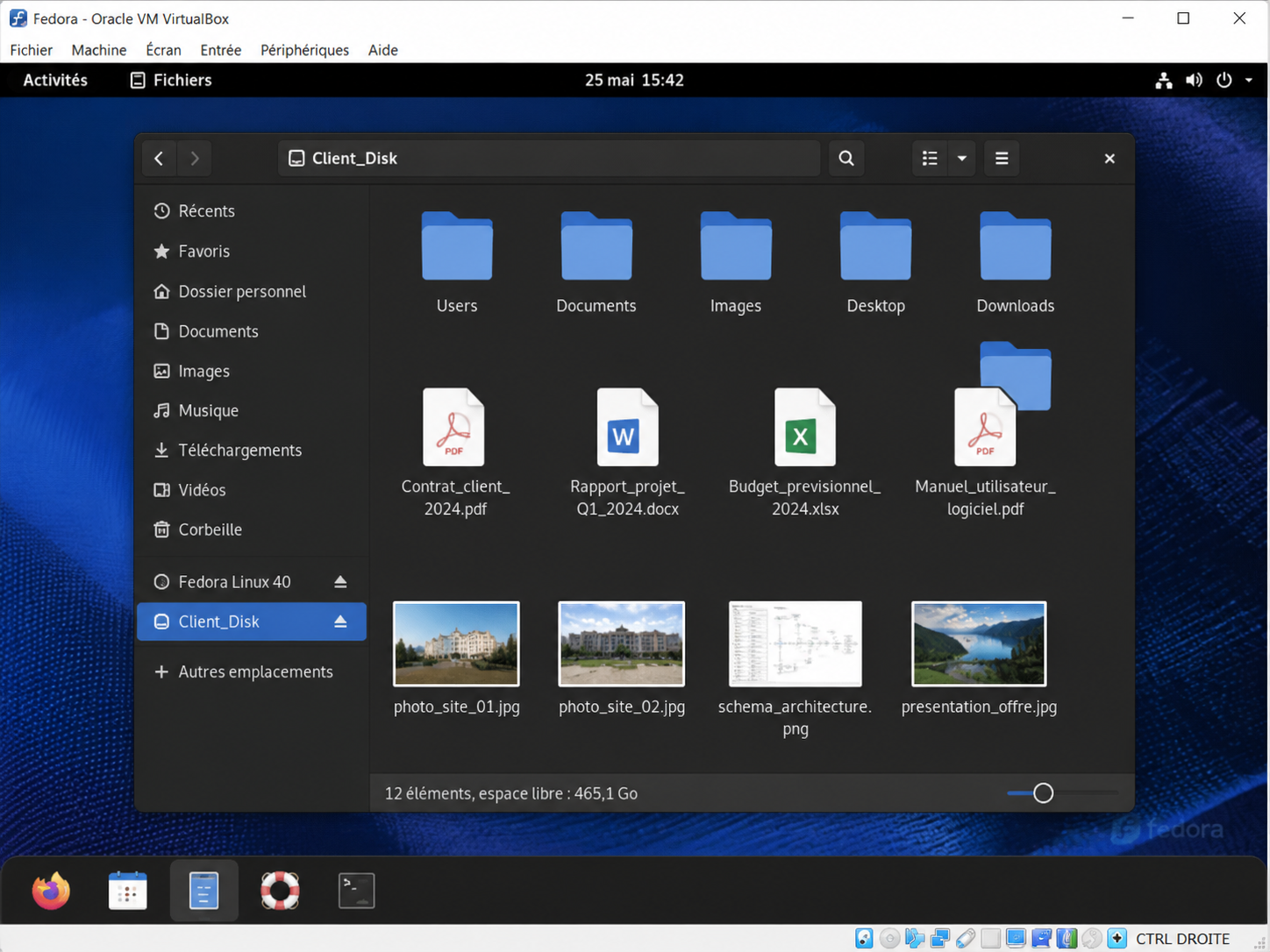 VM Fedora sous VirtualBox — disque client monté, fichiers visibles dans Nautilus