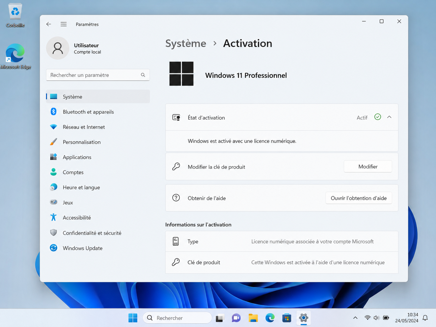 Windows 11 Paramètres Activation — Professionnel, licence numérique active