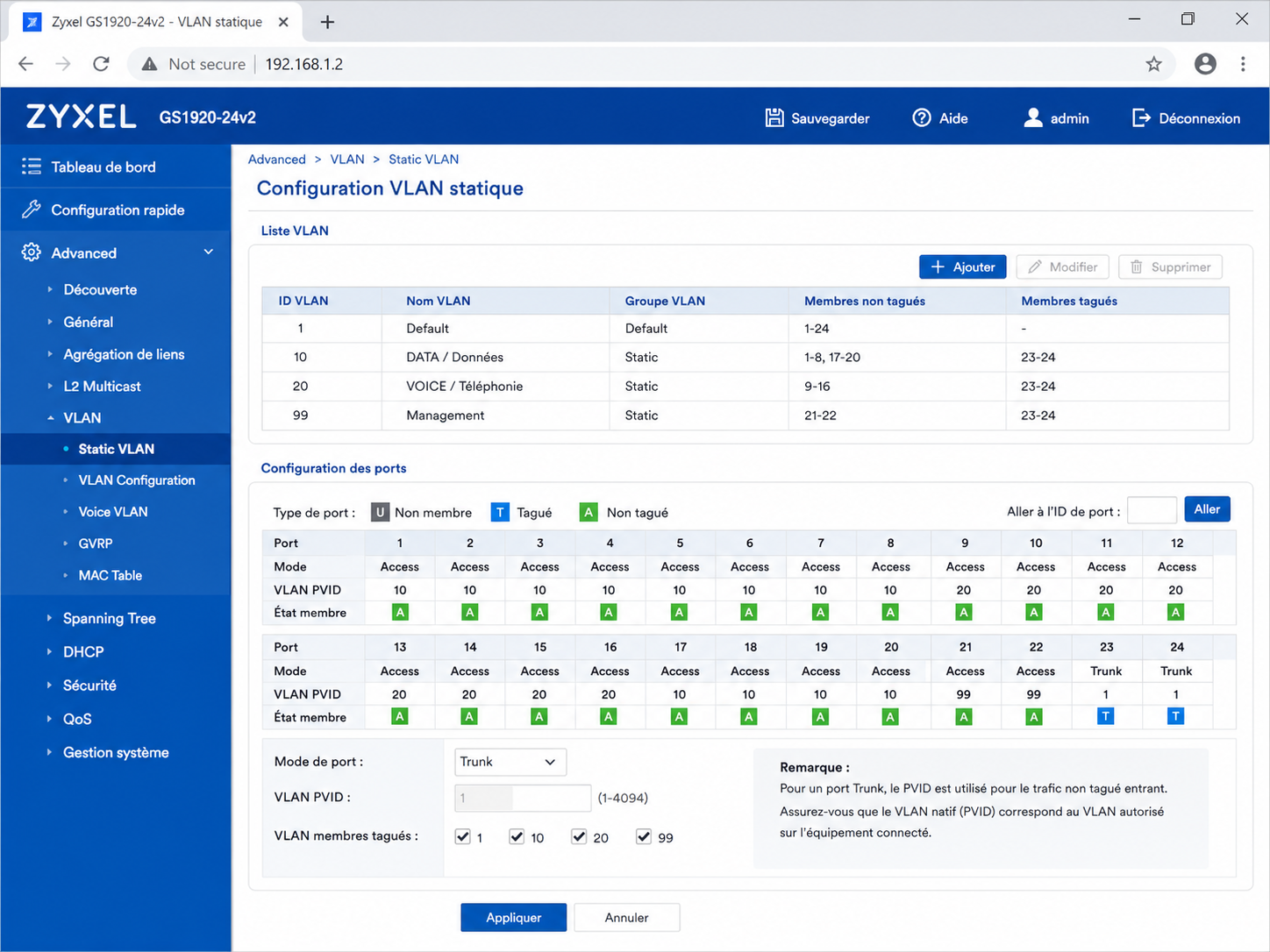 Interface web switch Zyxel — VLANs Data, Voix, Management configurés