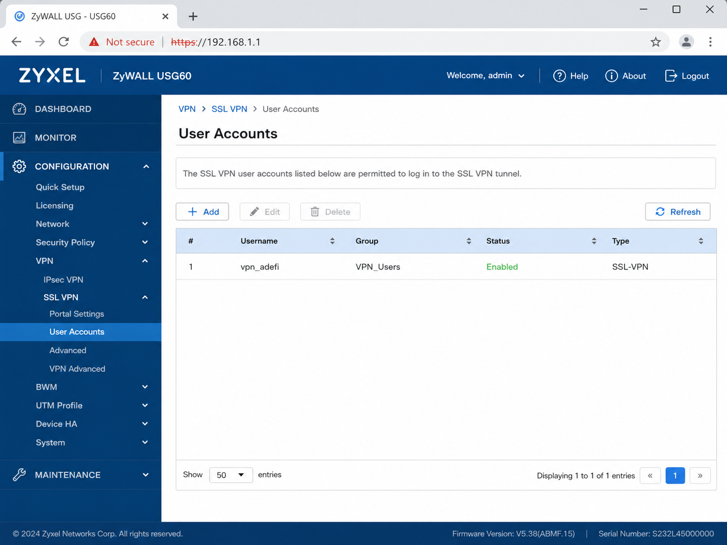 Zyxel ZyWALL USG80 SSL VPN User Accounts — vpn_adefi, VPN_Users, Enabled